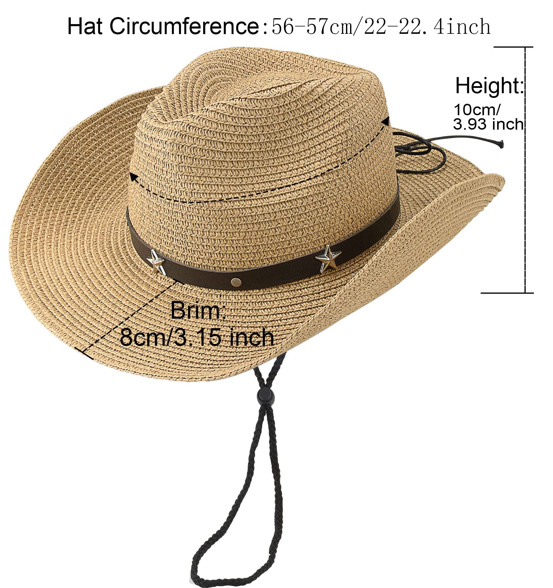 Packable Women's Straw Fedora Western Hat Outback, Beach Cowboy Cowgirl Hat, Beaded Shapeable Brim UV Protection Sun Hat Khaki