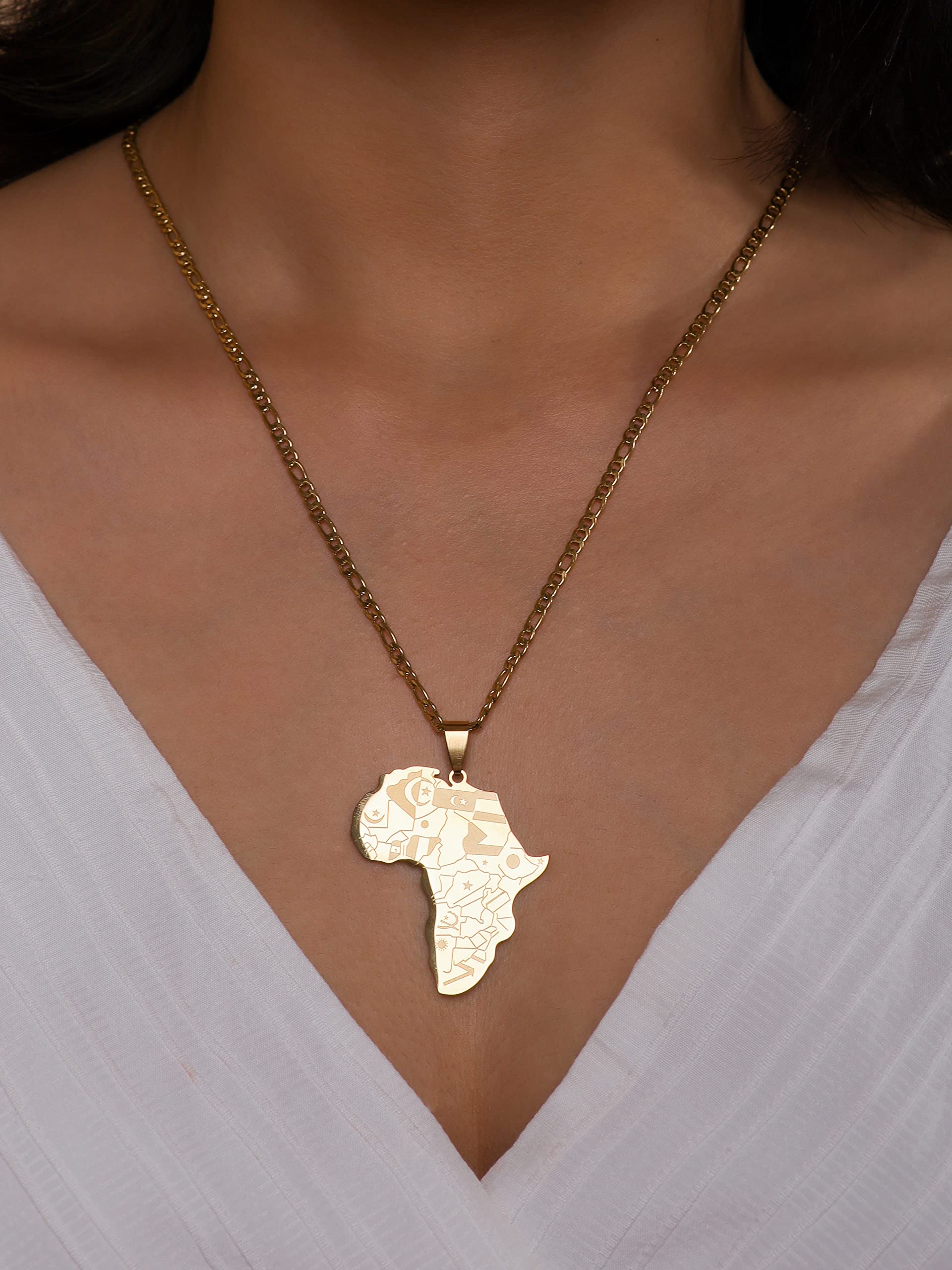 MINACHI Africa Necklace, Vintage Gold Plated Stainless Steel Africa Continent Nations Pendant, African Jewelry Gift for Men and Women