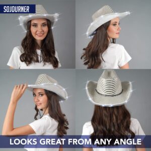 SoJourner Bags Silver LED Sequin Light Up Cowgirl Hat - LED Cowboy Hat for Bachelorette Parties, Halloween and More - Neon Cowboy Hat Light Up for all Occasions