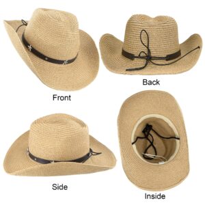 Packable Women's Straw Fedora Western Hat Outback, Beach Cowboy Cowgirl Hat, Beaded Shapeable Brim UV Protection Sun Hat Khaki