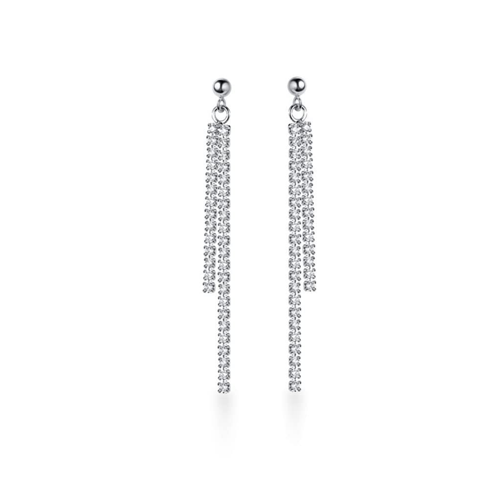 SLUYNZ Sterling Silver Crystal Rhinestone Linear Drop Earrings for Women Girls CZ Long Dangle Earrings Tassel Chain Studs (A-Silver)