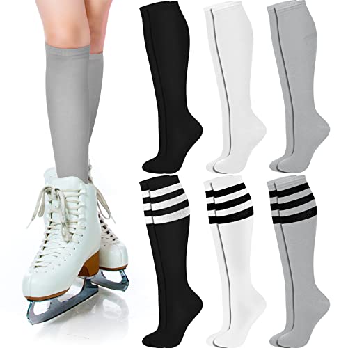 Unittype 6 Pair White Black Grey Knee High Socks for Women Striped Socks Long Socks Tube Socks Roller Skate Socks for adults Gift