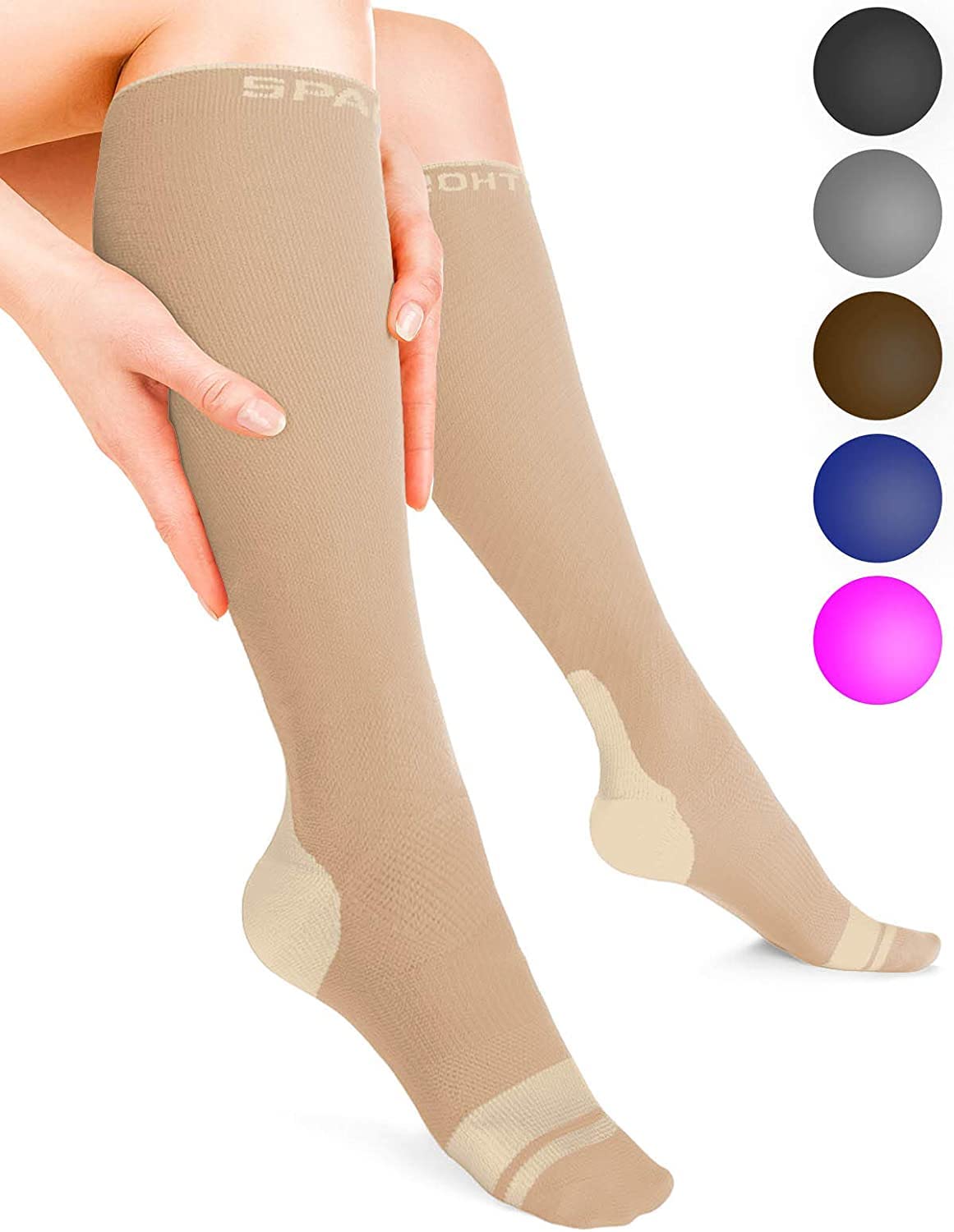 Sparthos Circulation Socks (20-30 mmHg) Wide Calf - Knee High Sock for Compression, Travel, Medical Support, Pregnancy, Nurses - Dr Sock Soothers Ankle Brace - Mens and Womens Plus (Beige-LXL-Wide)