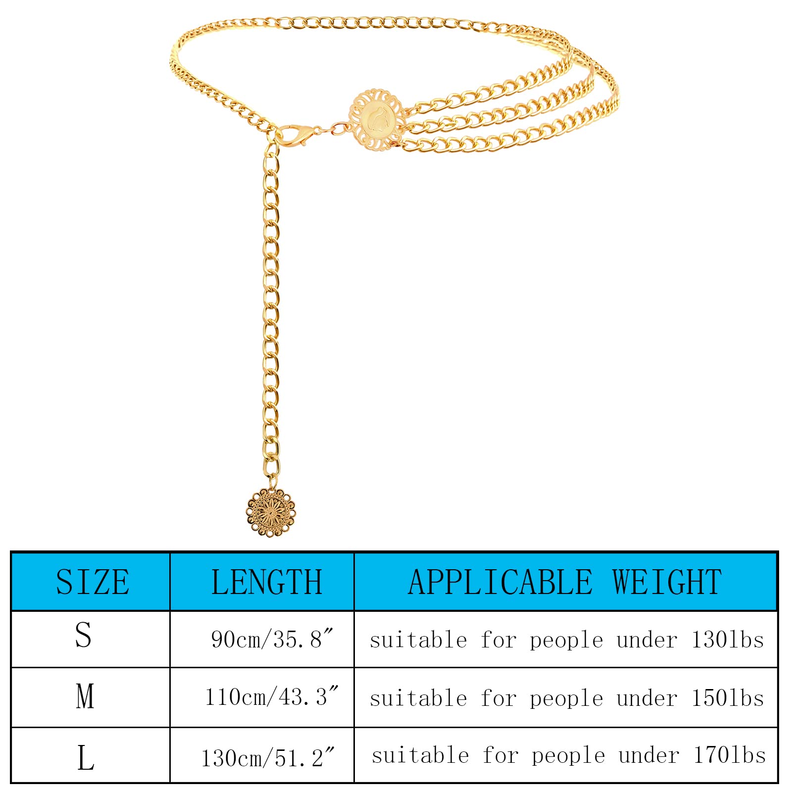 AMYGEM Multilayer Metal Waist Chain Belt for Women, Adjustable Women Long Belt Body Belly Jewelry for Dresses Jeans Trousers