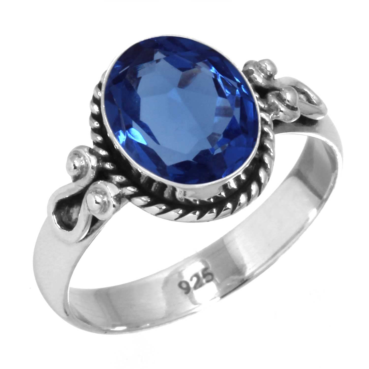 JEWELOPORIUM 925 Sterling Silver Ring for Women Blue Sapphire Simulated Stone Boho Silver Ring Size 9.5 Friendship Day Gift Statement Jewelry