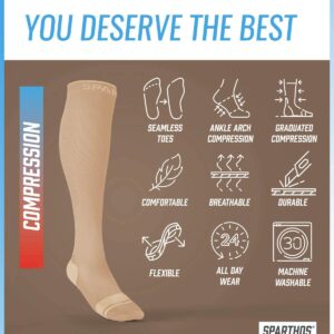 Sparthos Circulation Socks (20-30 mmHg) Wide Calf - Knee High Sock for Compression, Travel, Medical Support, Pregnancy, Nurses - Dr Sock Soothers Ankle Brace - Mens and Womens Plus (Beige-LXL-Wide)