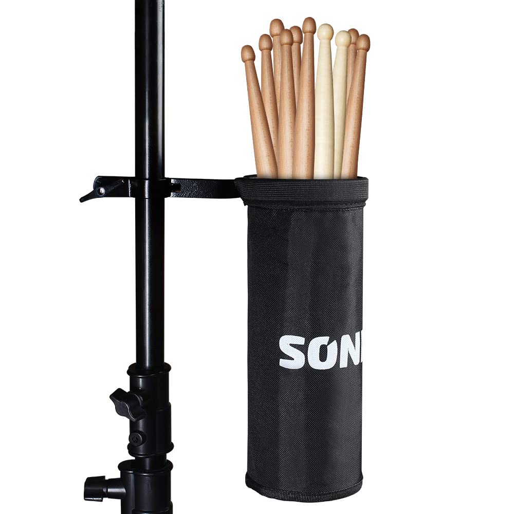 SONICAKE Drumstick Holder, Adjustable Nylon Drum Sticks Bag, Drumstick or Brushes Mallets Container Bag, Clamp-On Lockable Aluminium Alloy Drumstick Holder for Drum Set, Up to 5 Pairs of Sticks