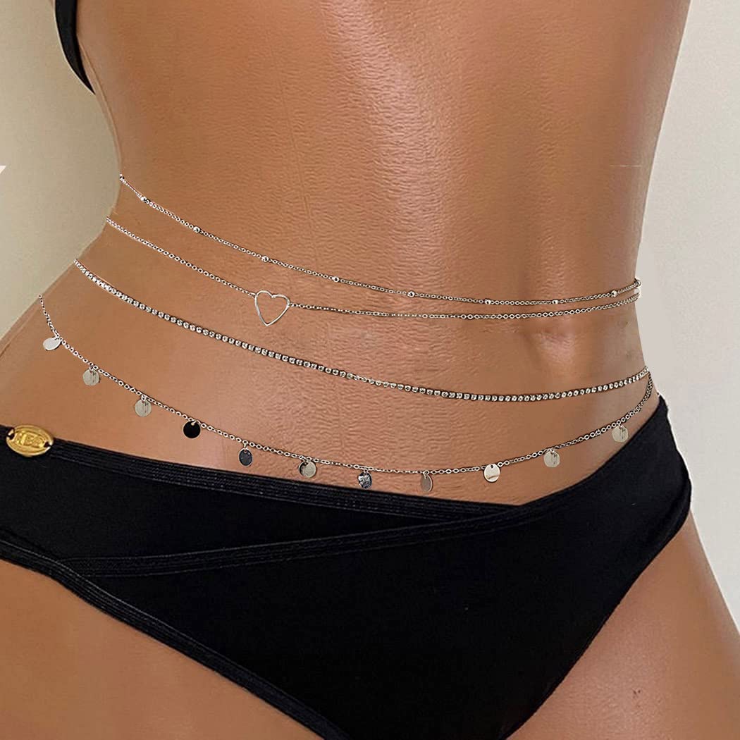 Jerany Silver Layered Sequins Waist Chain Dress Belly Body Chain Body Jewelry Belt Nightclub for Women 4PCS (3-3361-Silver)