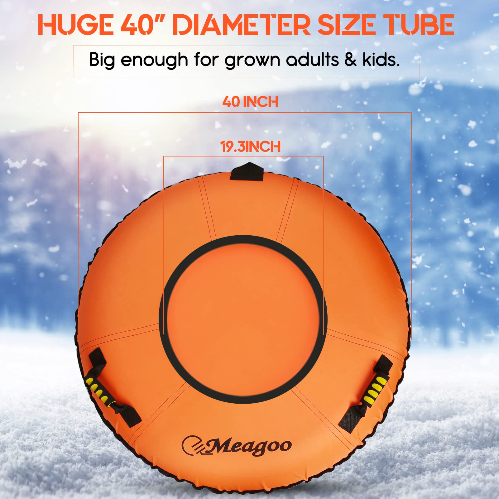 Meagoo Heavy Duty Snow Tube, Inflatable Durable 40" Snow Sled Tube with Cushion Seat, Premium Sturdy 600D Canvas Cover Sledding Tube with Towable Pull Ring and Reinforced Handles