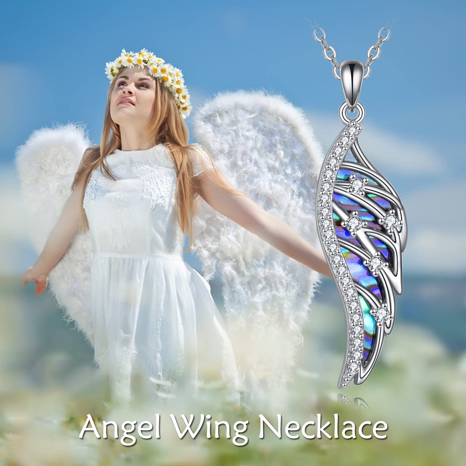 URONE Angel Wing Necklace for Women 925 Sterling Silver Abalone Shell Guardian Angel Pendant Wing Jewelry Gift