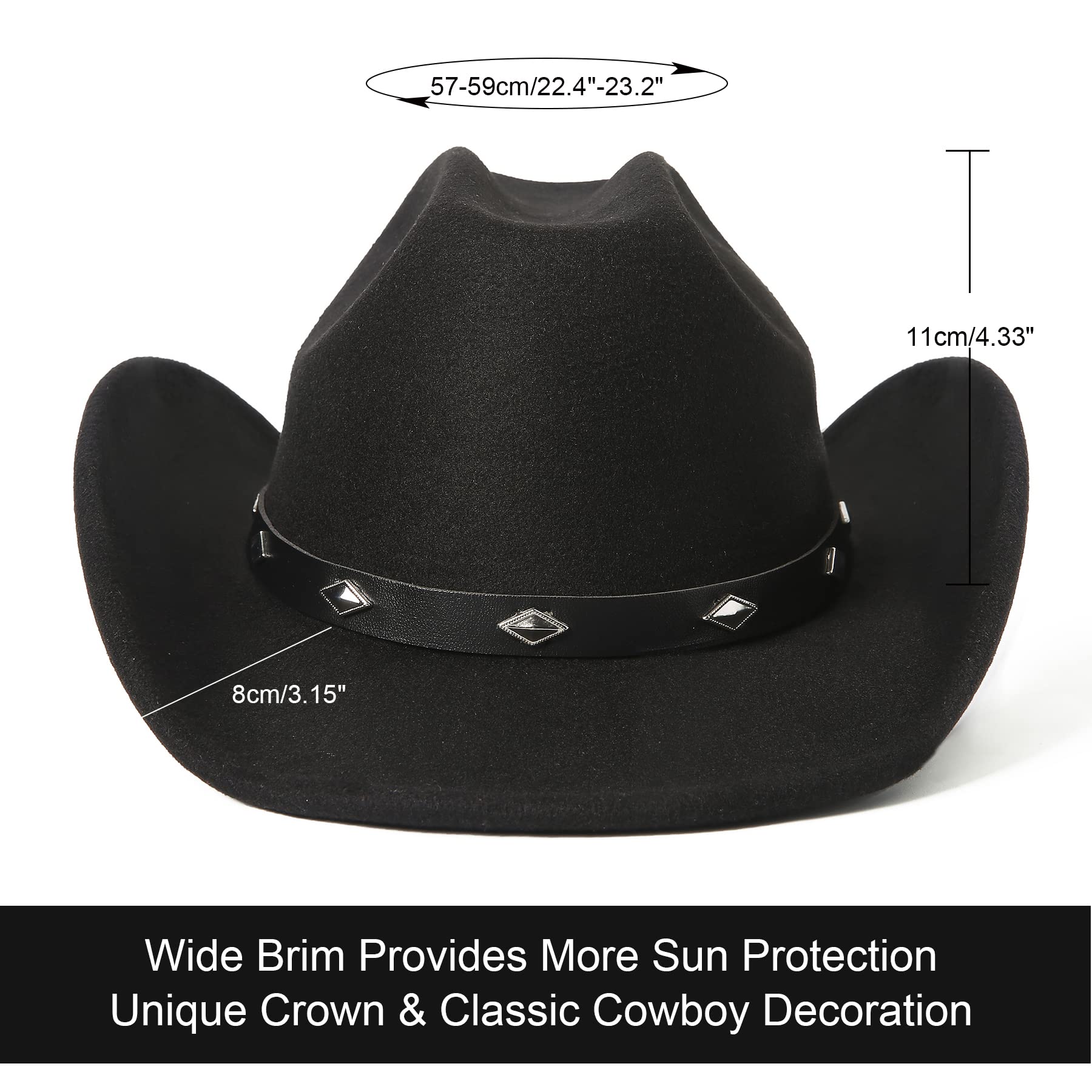 Lanzom Women Men Classic Felt Wide Brim Western Cowboy Hat Cowgirl Hat with Buckle(Black,Medium)