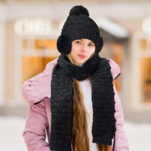 JenPen Women Winter Hats Scarf & Gloves Set for Women Including Ear Covers Cold Weather Glove Scarves Hats Knit Beanie Scarf Glove (Black), Small-Large