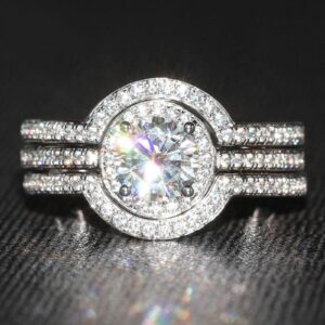 WSX Gold 1ct Moissanite Bridal Rings Sets for Women Her Bright Halo Wedding ring Simulated Diamond Engagement Ring Trio Set