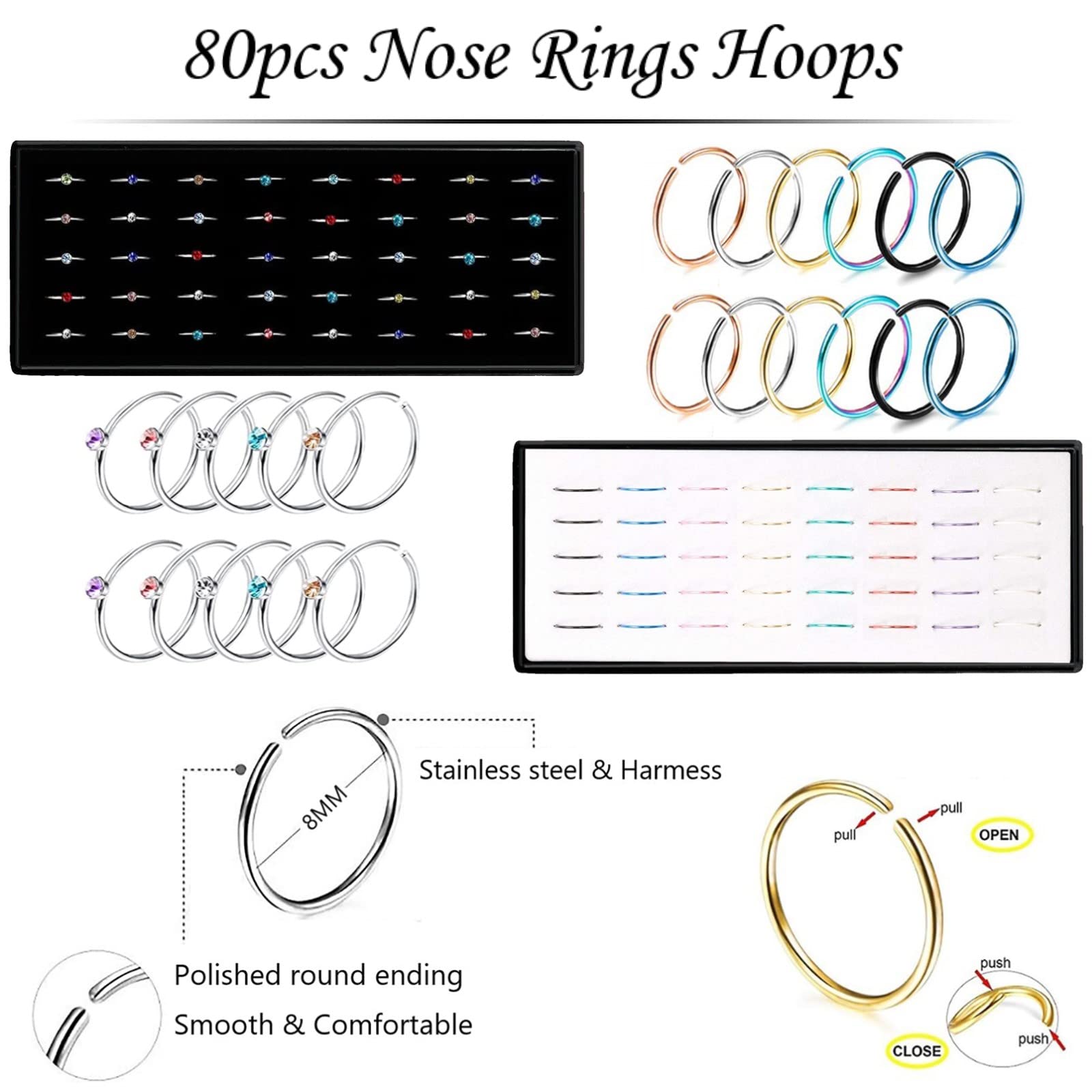 4 Sets 200 Pcs Nose Rings Studs and Hoops, Straight Shaped Surgical Stainless Steel Hypoallergenic Piercing Jewelry for Women Men and Ideal Gift