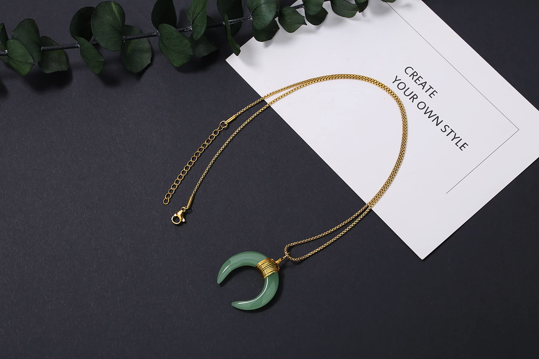 MAIBAOTA Crescent Moon Necklace for Women Gold Plated Moon Pendant Jewelry Spiritual Witchy Gemstone Necklace Green Aventurine Crystal Stone Necklaces