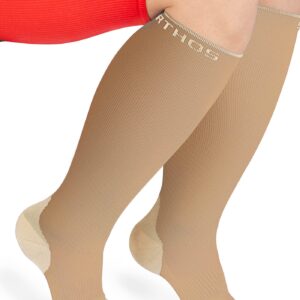 Sparthos Circulation Socks (20-30 mmHg) Wide Calf - Knee High Sock for Compression, Travel, Medical Support, Pregnancy, Nurses - Dr Sock Soothers Ankle Brace - Mens and Womens Plus (Beige-LXL-Wide)