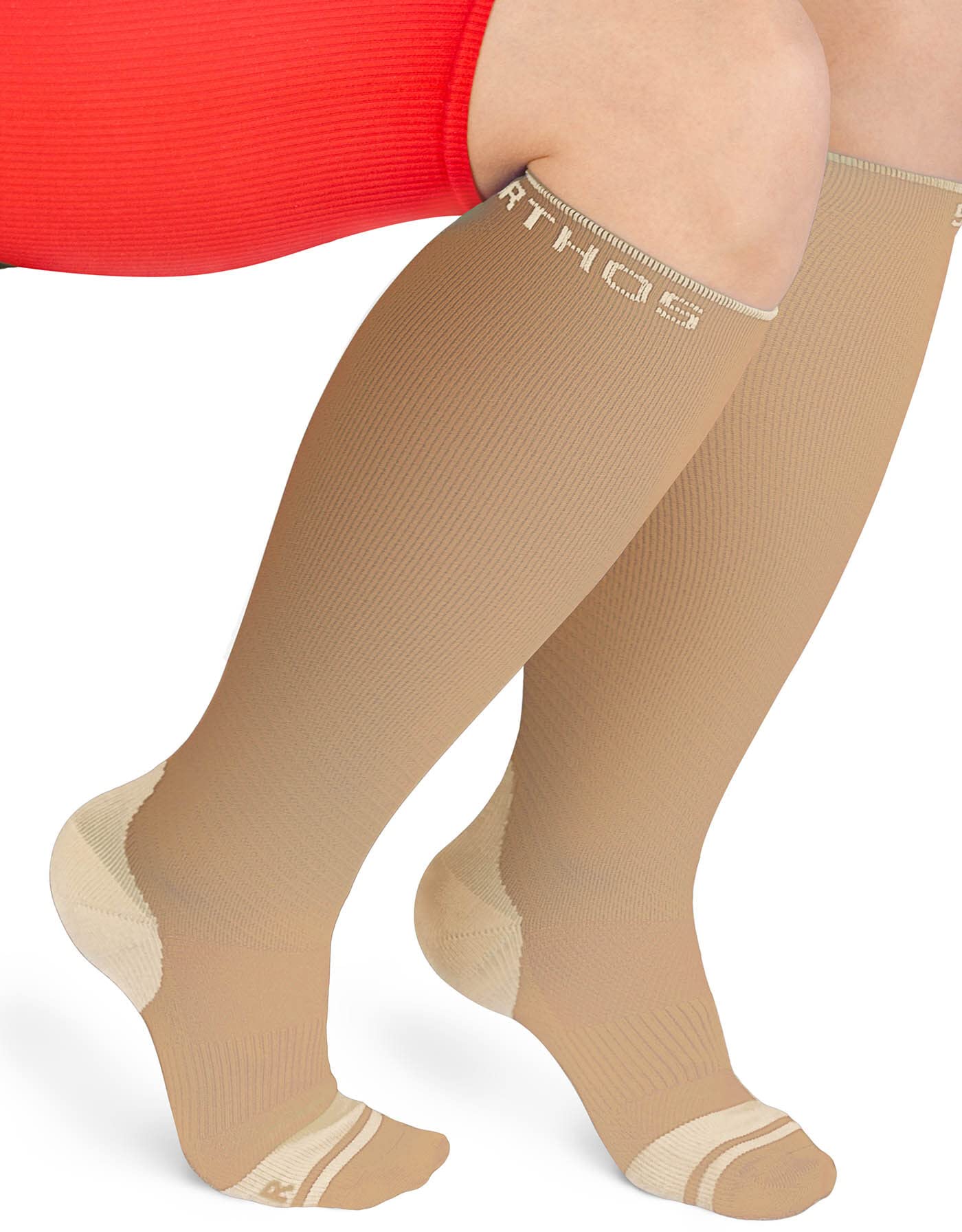 Sparthos Circulation Socks (20-30 mmHg) Wide Calf - Knee High Sock for Compression, Travel, Medical Support, Pregnancy, Nurses - Dr Sock Soothers Ankle Brace - Mens and Womens Plus (Beige-LXL-Wide)