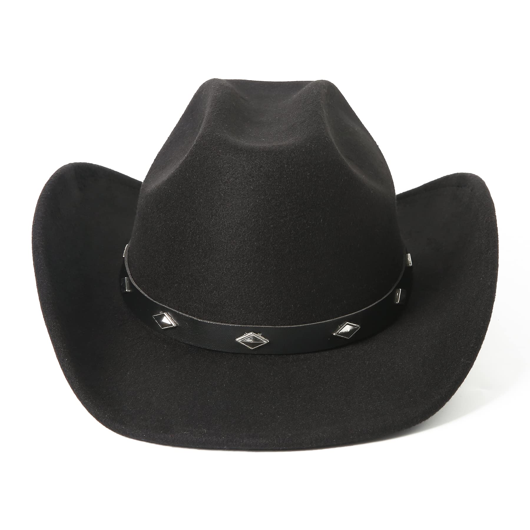 Lanzom Women Men Classic Felt Wide Brim Western Cowboy Hat Cowgirl Hat with Buckle(Black,Medium)