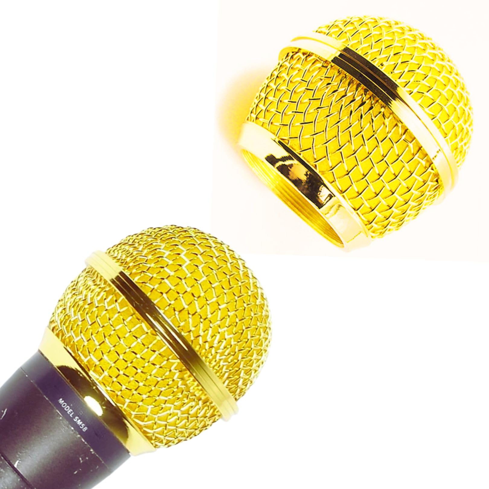 RhymKawa Bling Gold Microphone Cover Compatible with Shure SM58, SM48 Wired and Wireless Mic Cartridge Ball Mesh Grill Repalcement, 2 Pack