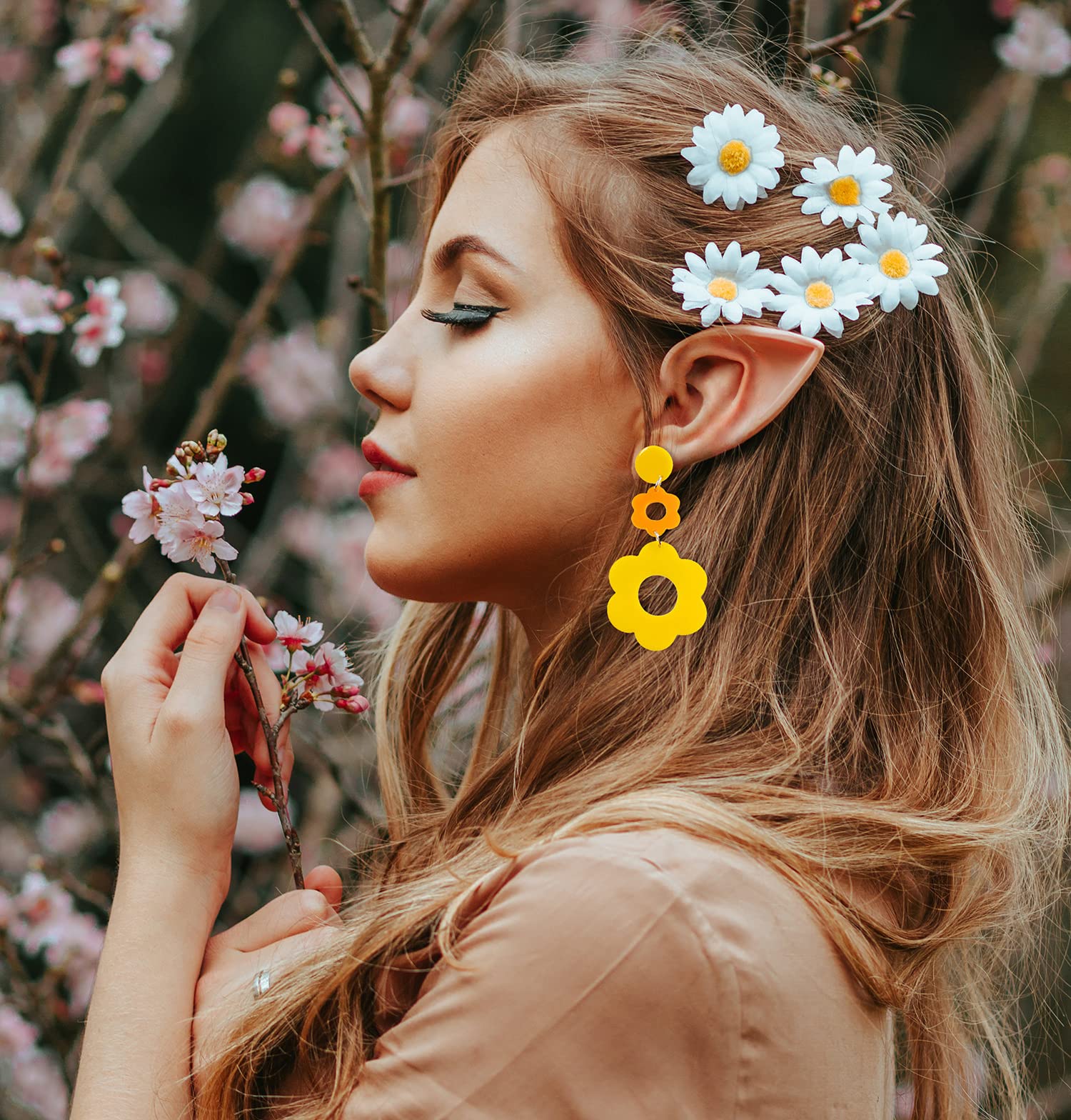 Acrylic Flower Earrings for Women,Double Daisy Drop Earrings,Resin Flowers Floral Earrings for Women Y2k Yellow White Flowers 60/70s Earrings (Yellow)