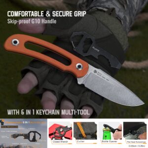 Ruike Survival Hunting EDC Fixed Blade Knife With Sheath,Small Lightweight,14c28n Full-Tang, Bushcraft BowieTactical Camping Gear For Men,Defense Top Horizontal Stainless Steel,Carry Kydex Blet, F815