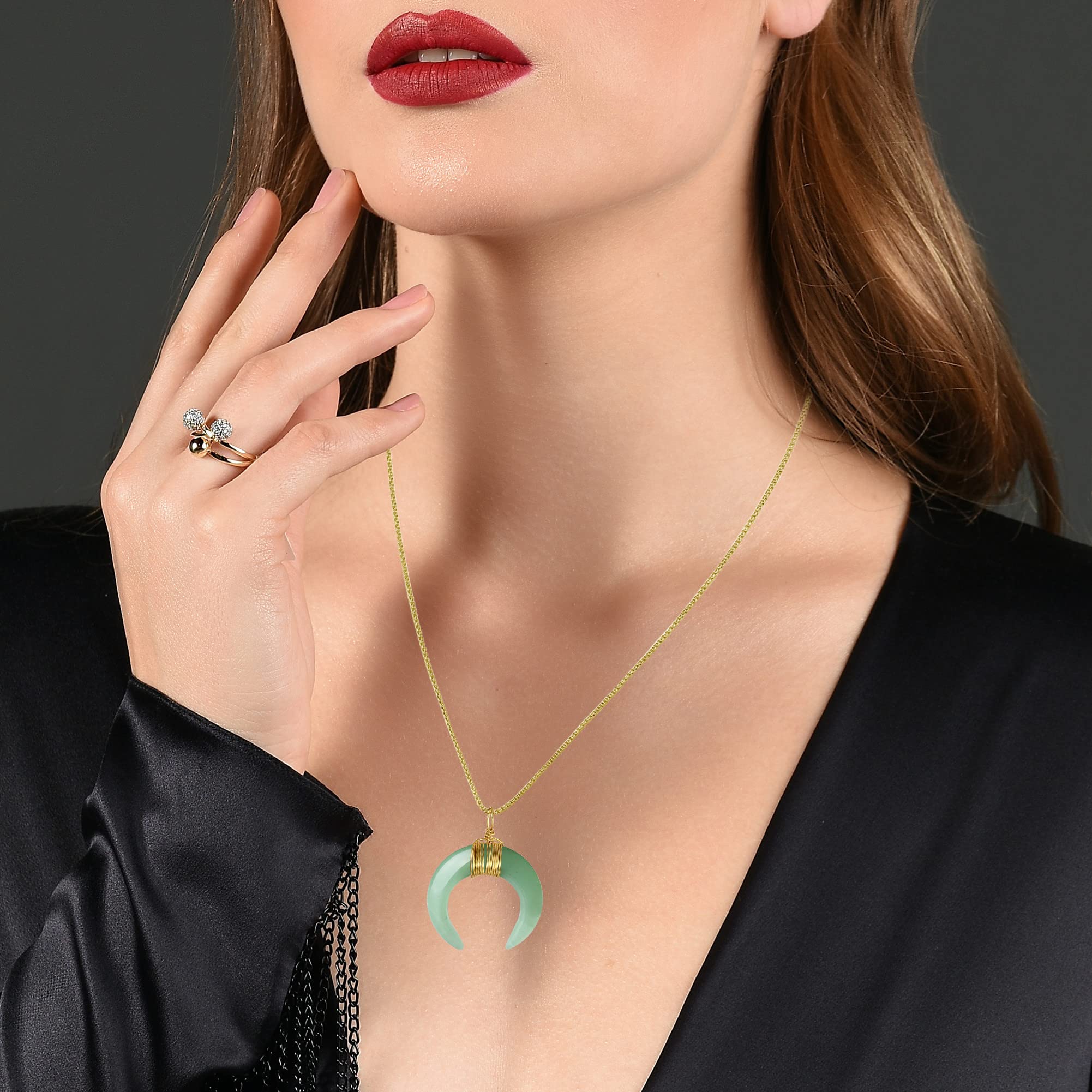 MAIBAOTA Crescent Moon Necklace for Women Gold Plated Moon Pendant Jewelry Spiritual Witchy Gemstone Necklace Green Aventurine Crystal Stone Necklaces