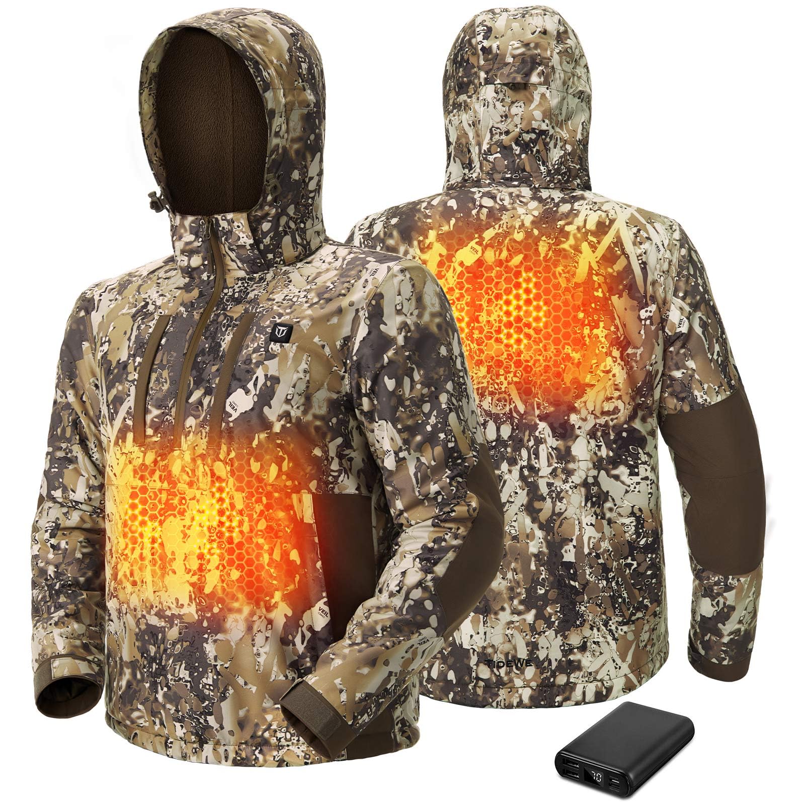 TIDEWE Men’s Heated Jacket with Battery Pack, Coral-Fleece Lining, Waterproof 1/2 Zip Jacket for Hunting (Veil Avayde Camo, Size M)