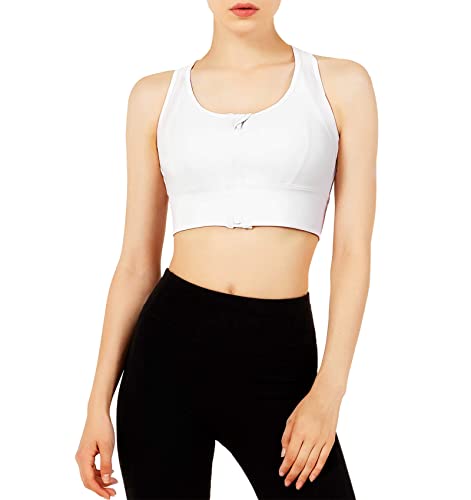 Yvette High Impact Sports Bra - Zip Front Full Coverage Sports Bras for Plus Size Women White