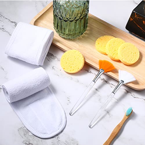 Spa Facial Set: 10 Headbands, 50 Compressed Sponges, 10 Fan Brushes - White Towel Head Wrap for Face Wash, Mask Application, and Makeup Removal