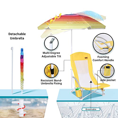 Nice C Beach Chair, Beach Chairs for adults with Umbrella and Cooler, High Back, Cup Holder & Carry Bag & Heavy Duty Compact Outdoor, Camping (One Yellow)