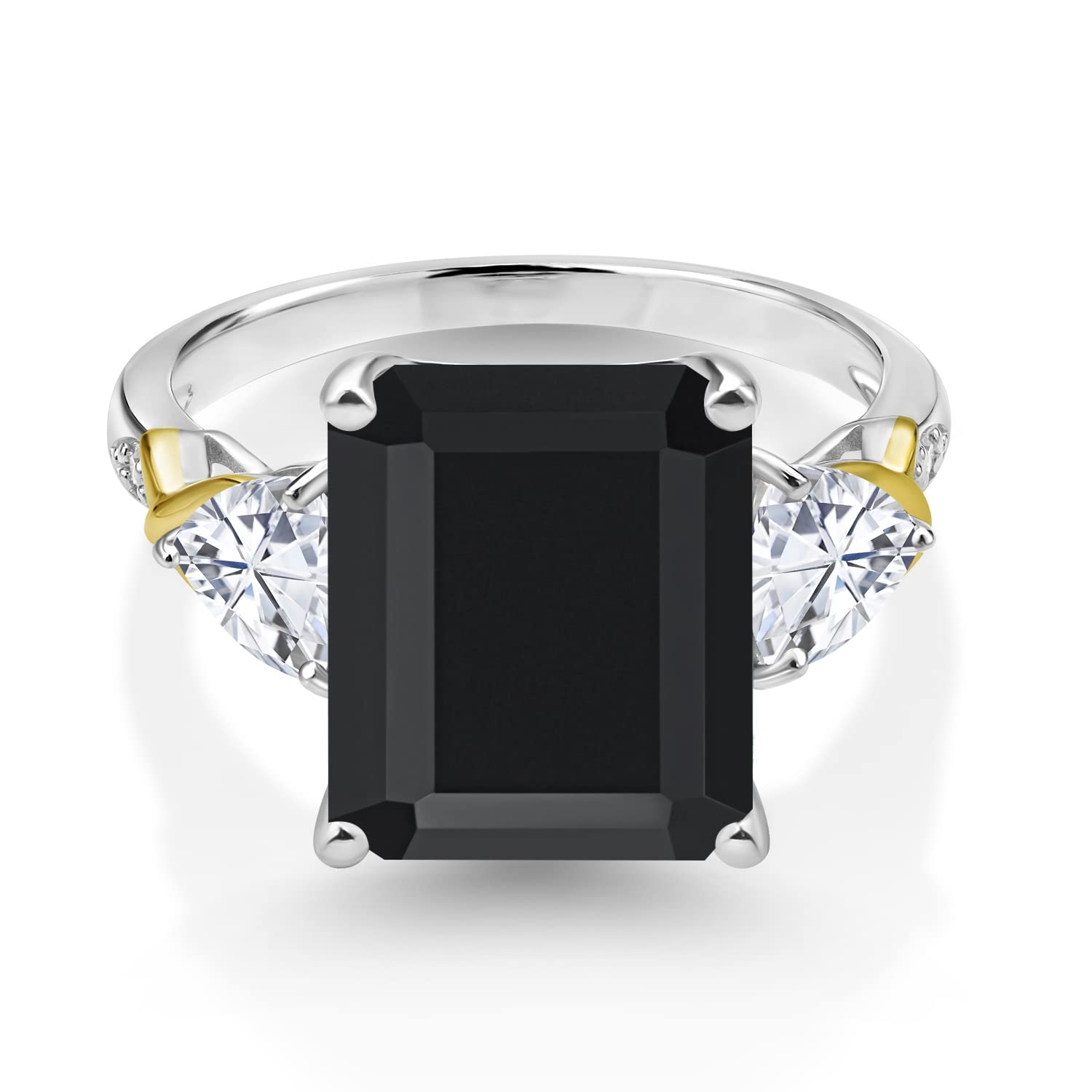 Gem Stone King 925 Silver and 10K Yellow Gold Black Onyx Moissanite and Diamond 3 Stone Ring For Women (6.73 Cttw, Gemstone December Birthstone, Emerald Cut 12X10MM, Available In Size 5, 6, 7, 8, 9)