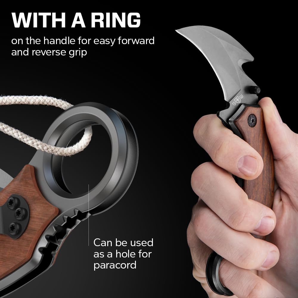 Grand Way Karambit Knife with Sheath & Micarta Handle - Small Fixed Blade Knife - Pocket Knife - Best Karambit Knife with Wood Handle Clip - 440C Steel Camping Knives