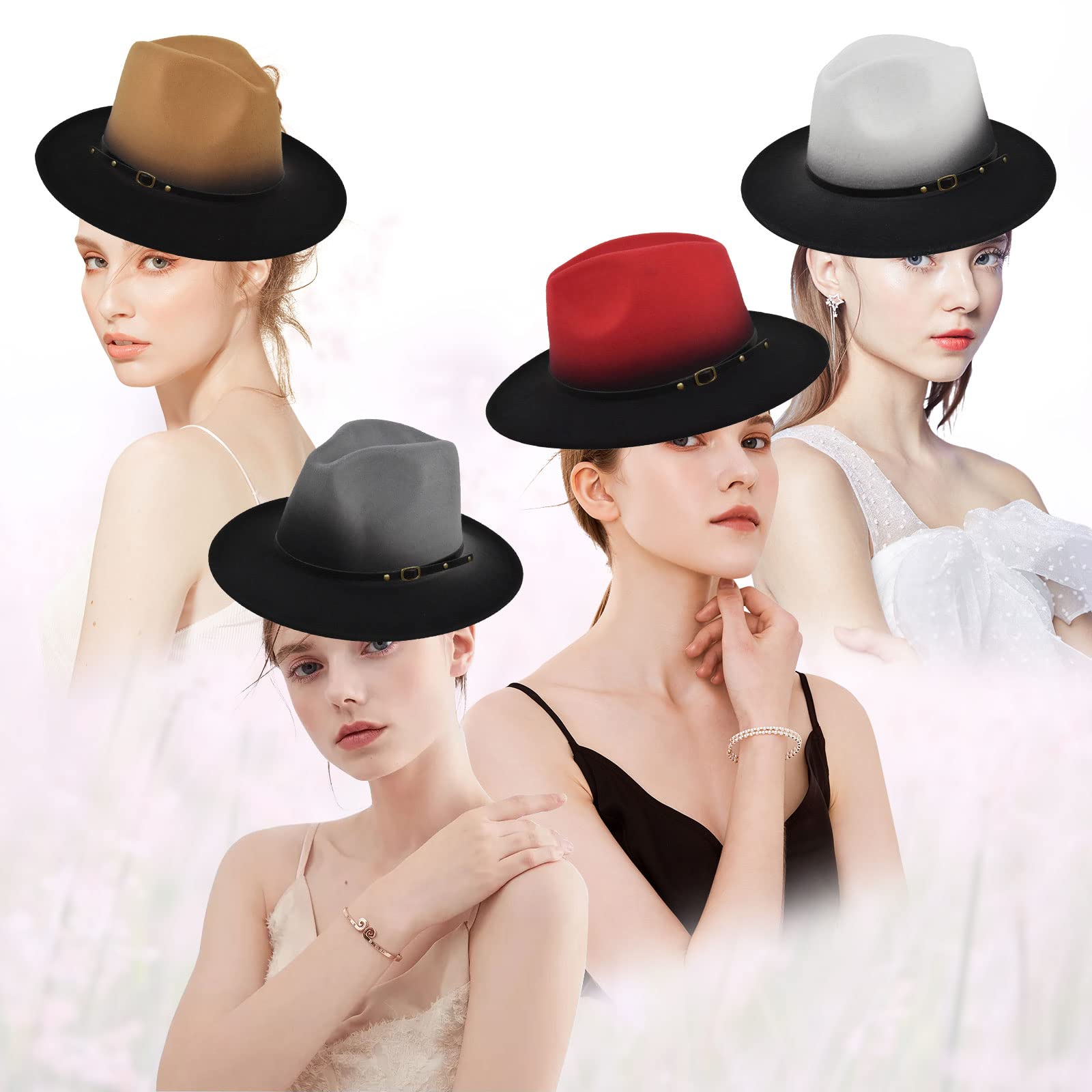 Gradient Color Fedora Hat for Women & Men, 4 Pack Classic Wide Brim Floppy Felt Panama Hat Outdoor Sun Hat with Belt Buckle, Camel+Grey+Red+White