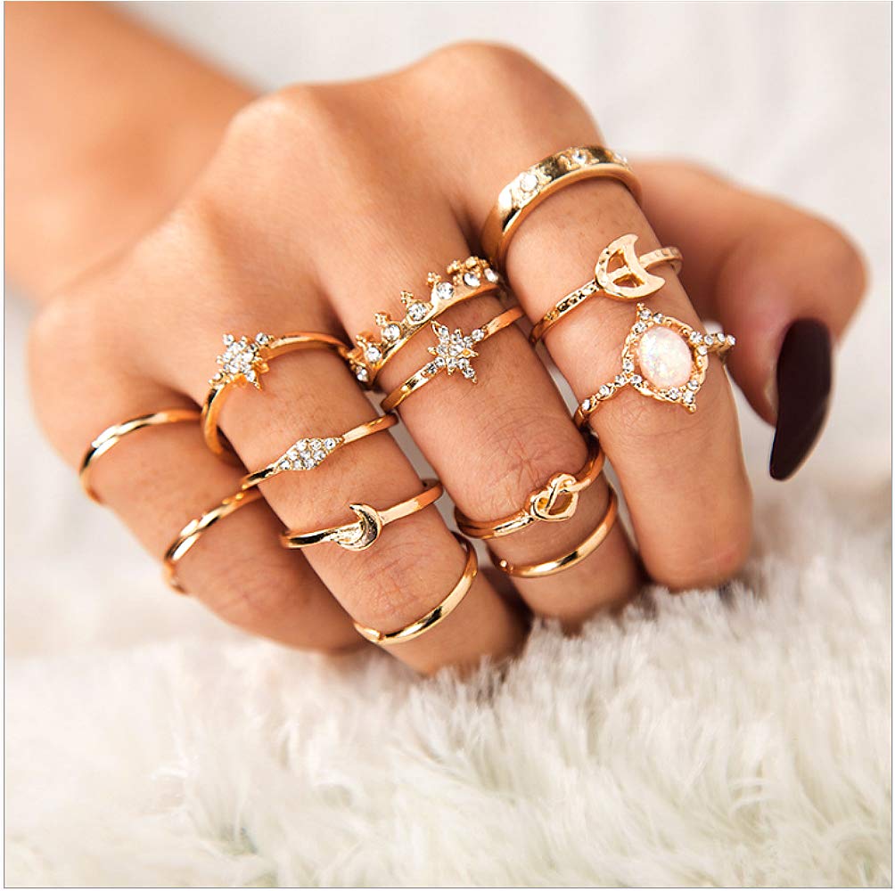 Sither 13 Pcs Women Rings Set Knuckle Rings Gold Bohemian Rings for Girls Vintage Gem Crystal Rings Joint Knot Ring Sets for Teens Party Daily Festival Jewelry Gift