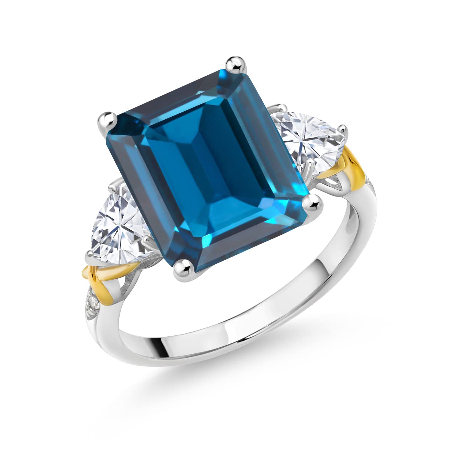 925 Silver and 10K Yellow Gold London Blue Topaz Moissanite and Diamond 3 Stone Ring For Women (8.46 Cttw, Gemstone November Birthstone, Emerald Cut 12X10MM, Available In Size 5, 6, 7, 8, 9)