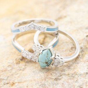 Sterling Silver Natural Turquoise Diamond 3 Piece Set Ring Simple Fashion Jewelry Popular Accessories Jewelry_Gift (Silver, 7)