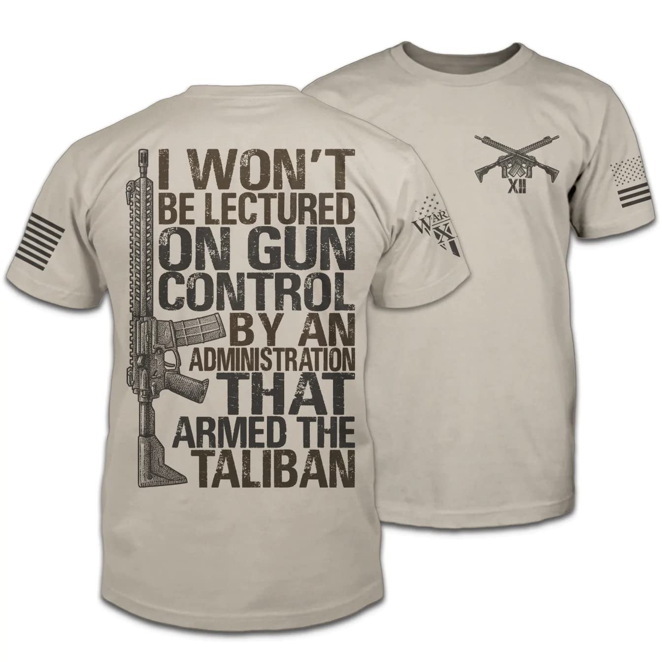 Gun Control T-Shirt Patriotic Tribute Tee | American Pride Veteran Support Shirt | 100% Cotton Military Apparel | Tan, Large