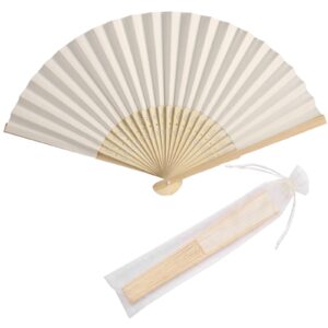 sl crafts 50pcs paper hand fan with organza bags bamboo handheld folding fan decorative paper fan wedding party favors (cream)