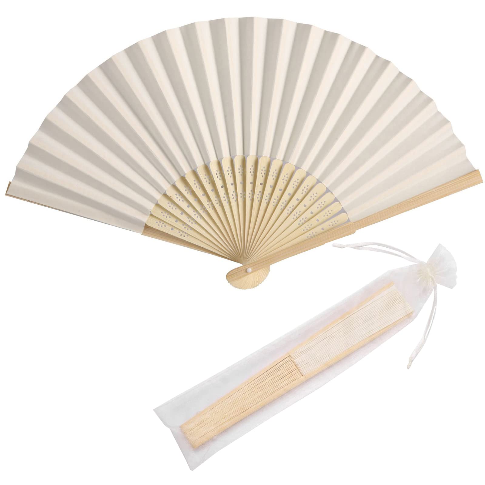 SL crafts 50pcs Paper Hand Fan with Organza Bags Bamboo Handheld Folding Fan Decorative Paper Fan Wedding Party Favors (Cream)