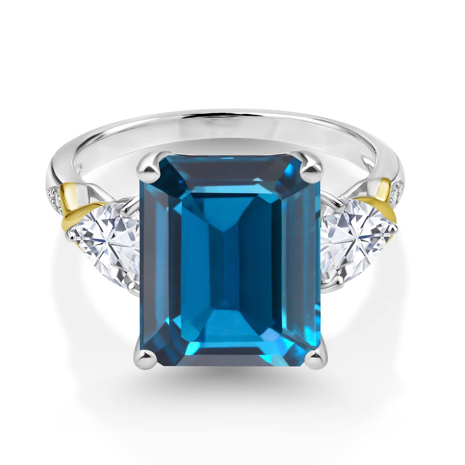 925 Silver and 10K Yellow Gold London Blue Topaz Moissanite and Diamond 3 Stone Ring For Women (8.46 Cttw, Gemstone November Birthstone, Emerald Cut 12X10MM, Available In Size 5, 6, 7, 8, 9)