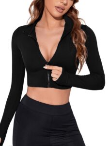 soly hux women's lightweight full zip athletic long sleeve crop running workout yoga sportwear jacket solid plain black small