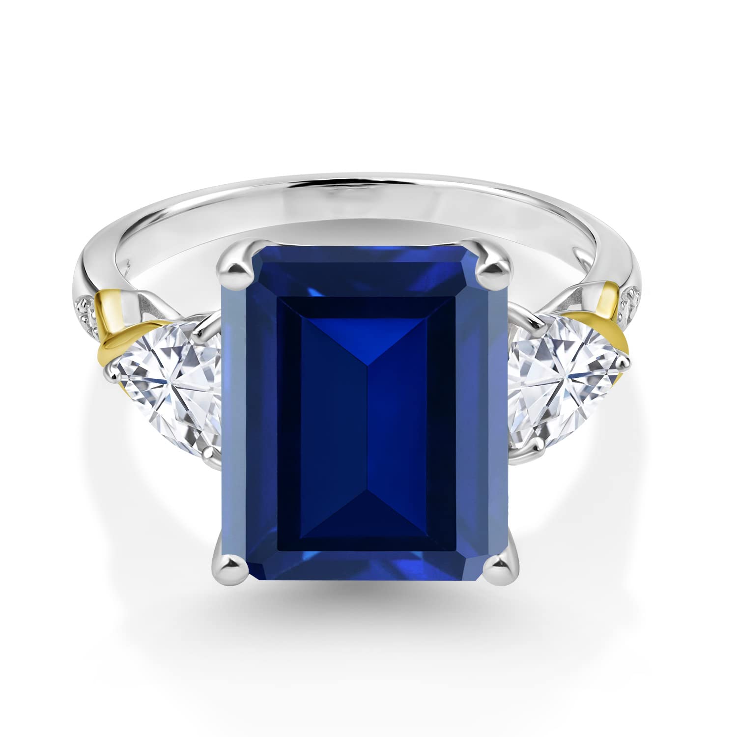 925 Silver and 10K Yellow Gold Blue Simulated Sapphire Moissanite and Diamond 3 Stone Ring For Women (7.66 Cttw, Gemstone Birthstone, Emerald Cut 12X10MM, Available In Size 5, 6, 7, 8, 9)