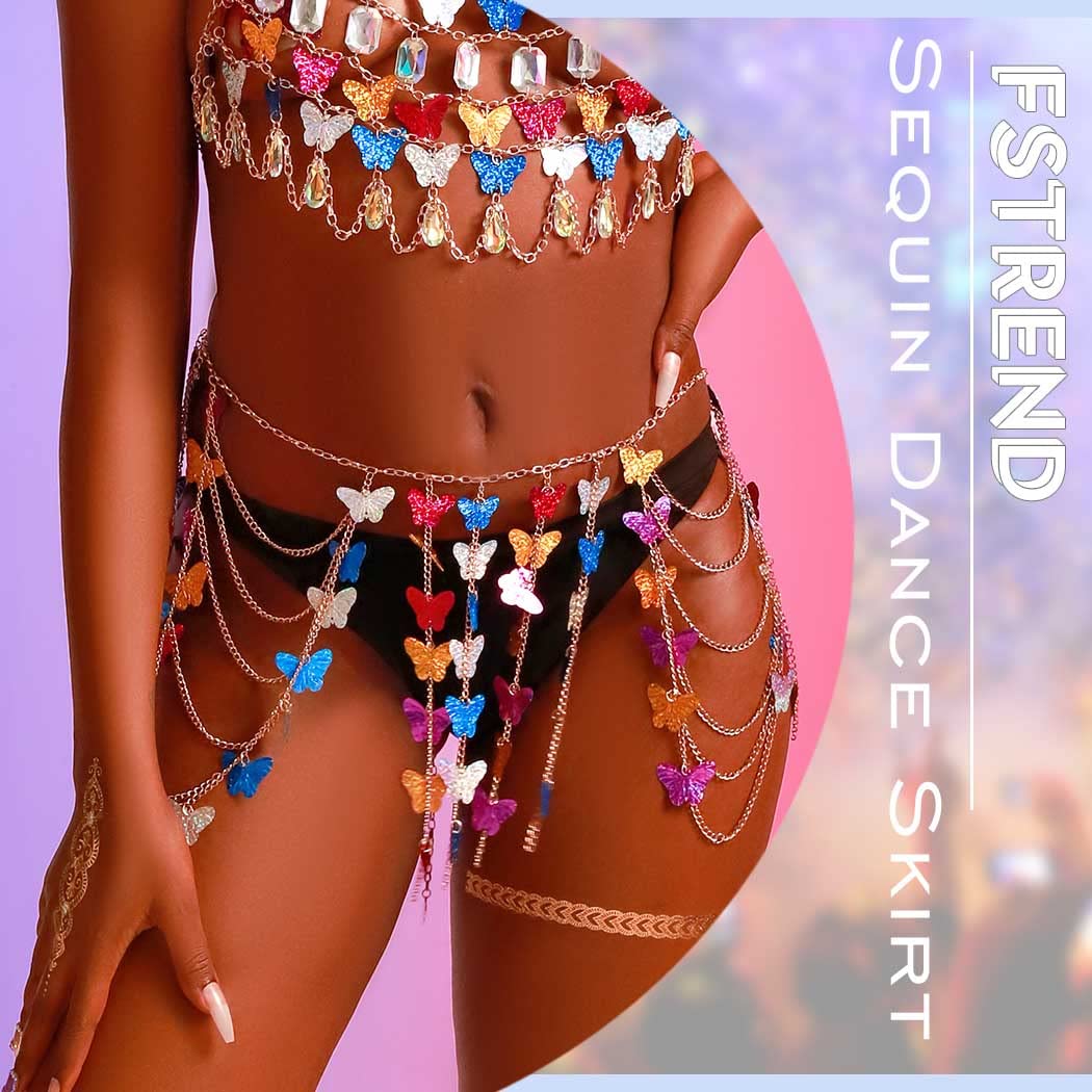 Fstrend Tassel Body Chains Sequin Butterfly Dance Skirt Silver Fringe Belly Waist Hip Chain Rave Accessories for Women