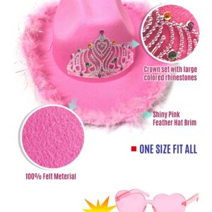 JIANGLAI Cowboy Hat with Heart Shaped Sunglasses, Feather Cowgirl Hat for Halloween, Bachelorette Party (Pink)