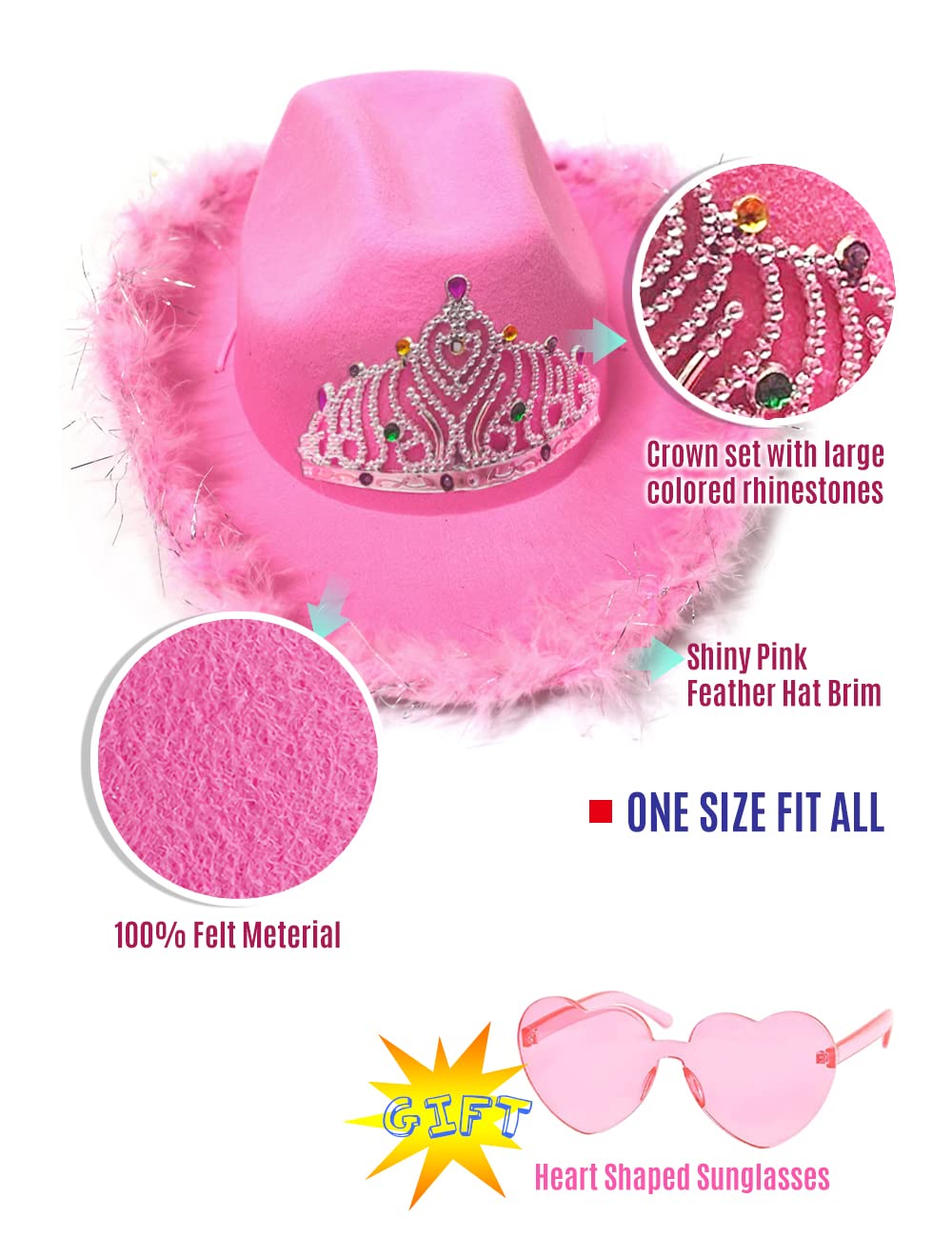 JIANGLAI Cowboy Hat with Heart Shaped Sunglasses, Feather Cowgirl Hat for Halloween, Bachelorette Party (Pink)