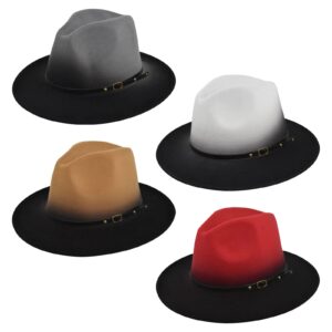 Gradient Color Fedora Hat for Women & Men, 4 Pack Classic Wide Brim Floppy Felt Panama Hat Outdoor Sun Hat with Belt Buckle, Camel+Grey+Red+White