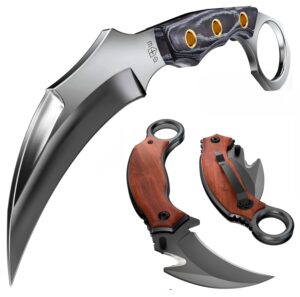 grand way karambit knife with sheath & micarta handle - small fixed blade knife - pocket knife - best karambit knife with wood handle clip - 440c steel camping knives