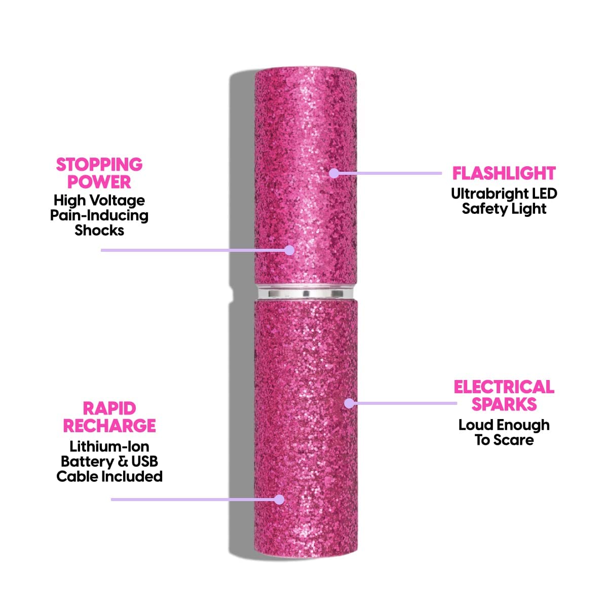 BLINGSTING Pepper Spray, Mini Stun Gun, & Alarm 3-in-1 Safety Kit - Professional Grade, Maximum Strength, High Voltage, Rechargeable Self-Defense for Women, Pink Glitter