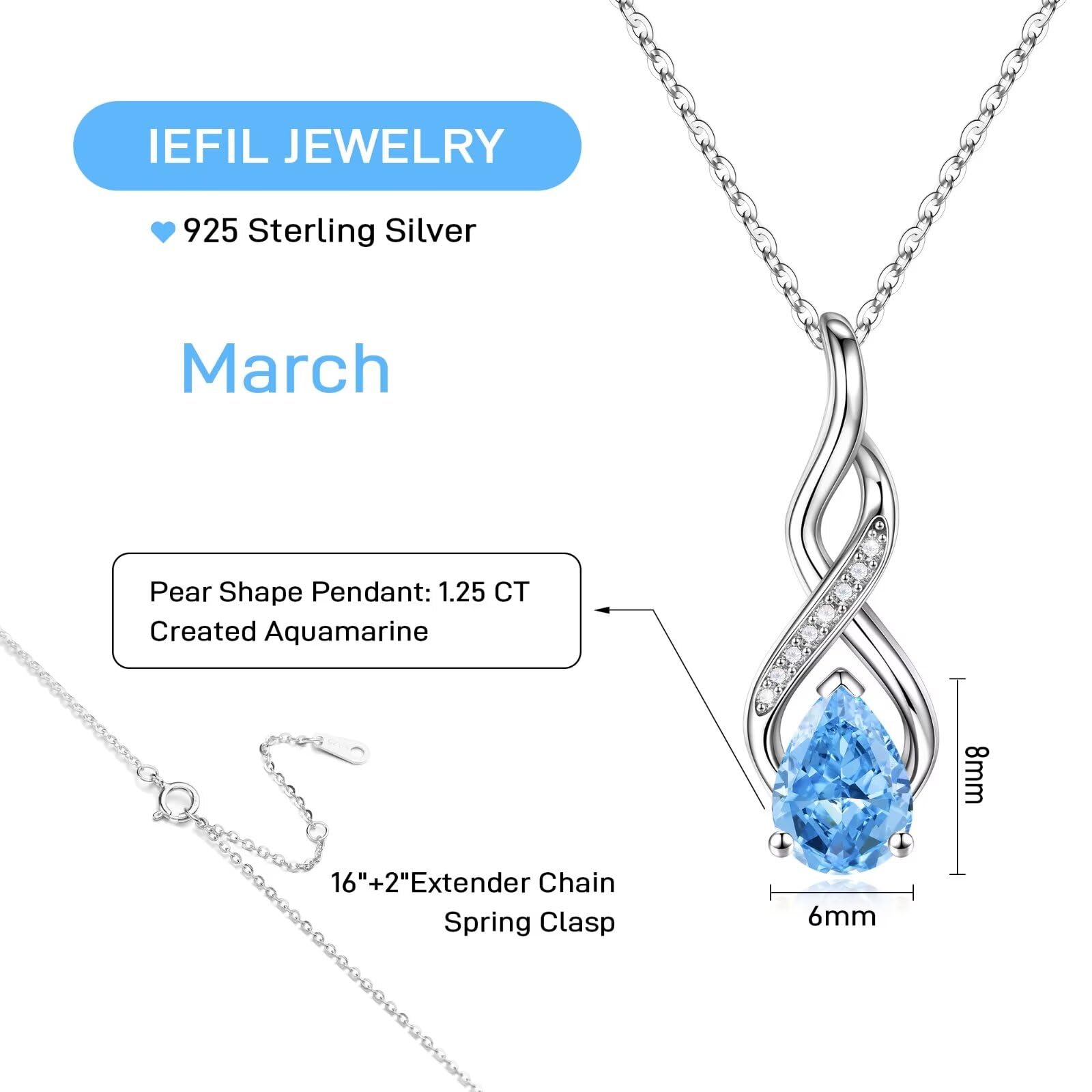 Iefil March Birthstone Necklaces for Women - S925 Sterling Silver Heart Necklace Aquamarine Necklace March Birthstone Jewelry for Women Mom Daughter Girlfriend Wife Birthday Gifts