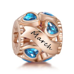 NINGAN March Birthstone Charms Rose Gold 925 Sterling Silver Love Heart Bead for Charm Bracelets and Necklaces with 5A Cubic Zirconia, Birthday Gifts